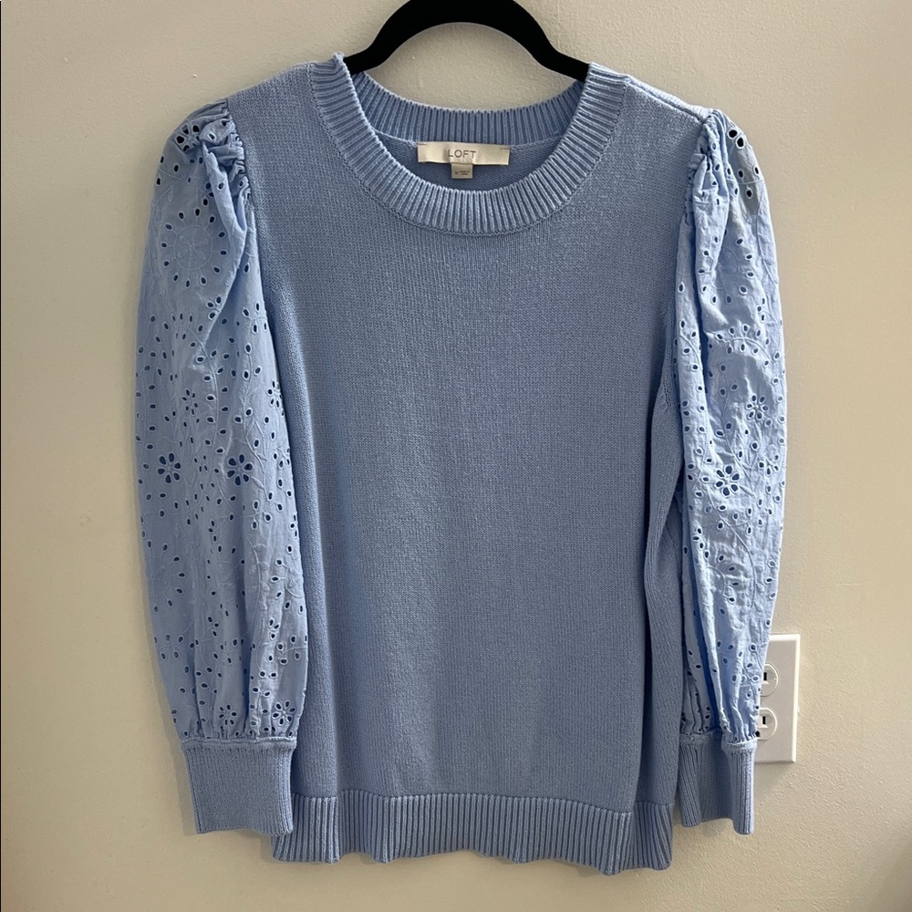 LOFT Sky Blue Knit Top with Eyelet Sleeves